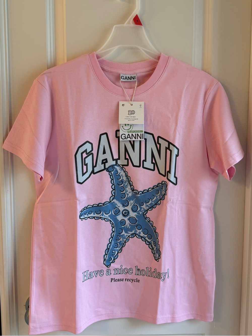 Ganni Pink Graphic Tee with Starfish logo